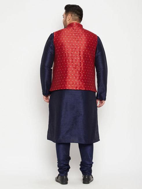 Vastramay Men's Plus Size Maroon Zari Weaved Nehru Jacket With Kurta Pyjama set